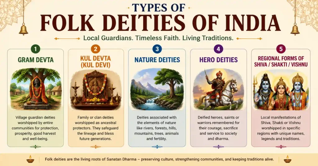 Infographic showing the main types of Folk Deities of India, including Gram Devta, Kul Devta, Nature Deities, Hero Deities, and regional forms of Shiva, Shakti, and Vishnu within Sanatan Dharma.