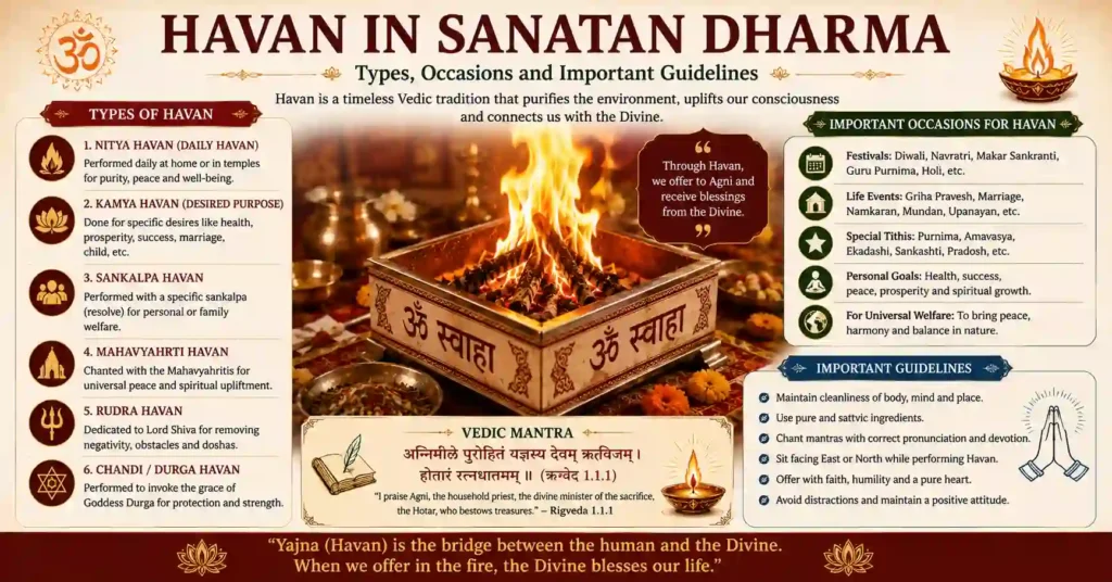 Different types of Havan, auspicious occasions, and important guidelines for performing the sacred Vedic fire ritual.