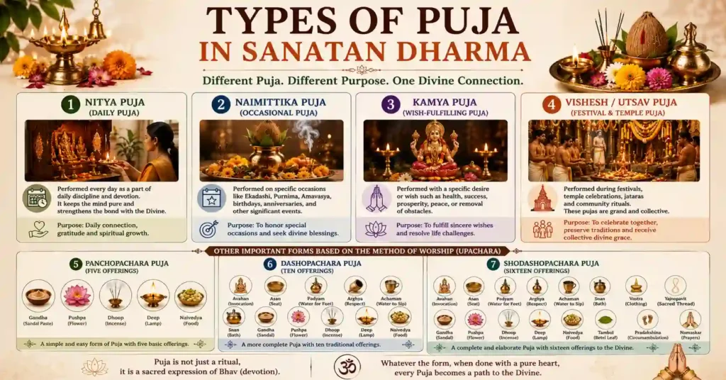Infographic explaining different types of Puja in Sanatan Dharma including Nitya, Naimittika, Kamya, Utsav, Panchopachara, Dashopachara and Shodashopachara Puja.
