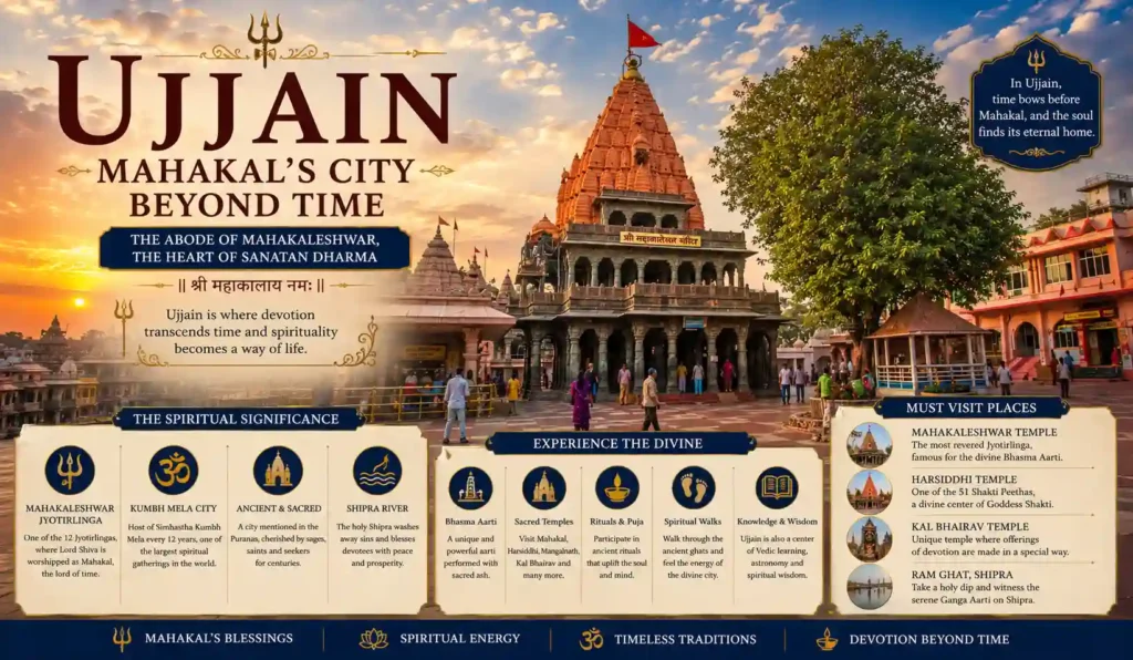 Ujjain, the sacred city of Mahakaleshwar Jyotirlinga and one of the Seven Holy Cities, symbolising fearlessness and spiritual transformation.