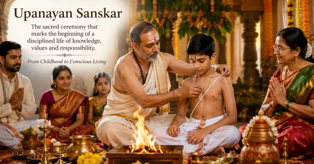 A traditional Upanayan Sanskar ceremony where a Guru invests a young student with the Yajnopavita during a Vedic ritual.