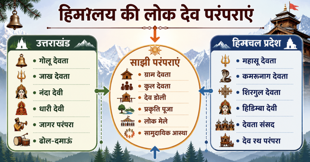 उत्तराखंड और हिमाचल की प्रमुख लोक देव परंपराओं का तुलनात्मक इन्फोग्राफिक