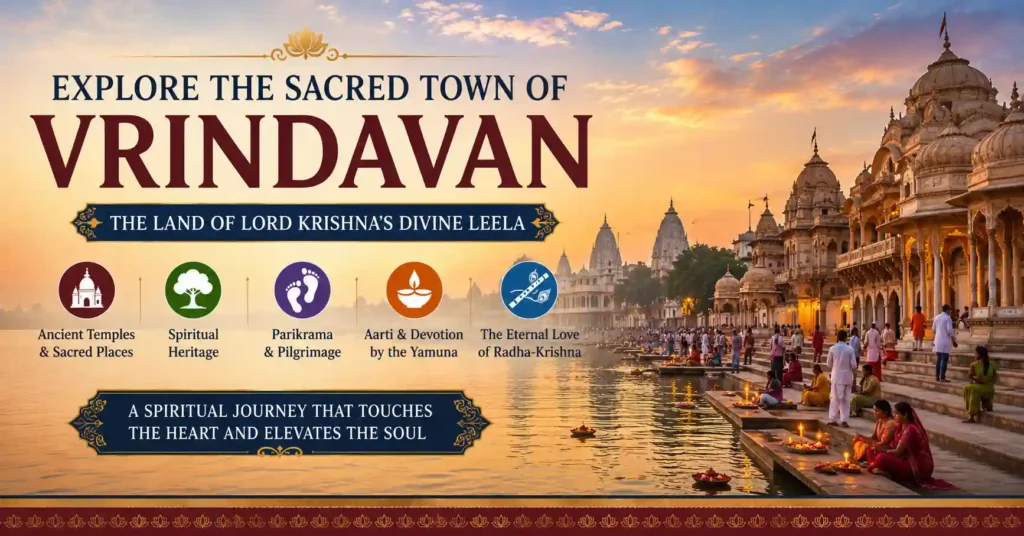 Evening view of Vrindavan with sacred temples, Yamuna Aarti, and devotees experiencing Krishna bhakti in Braj.