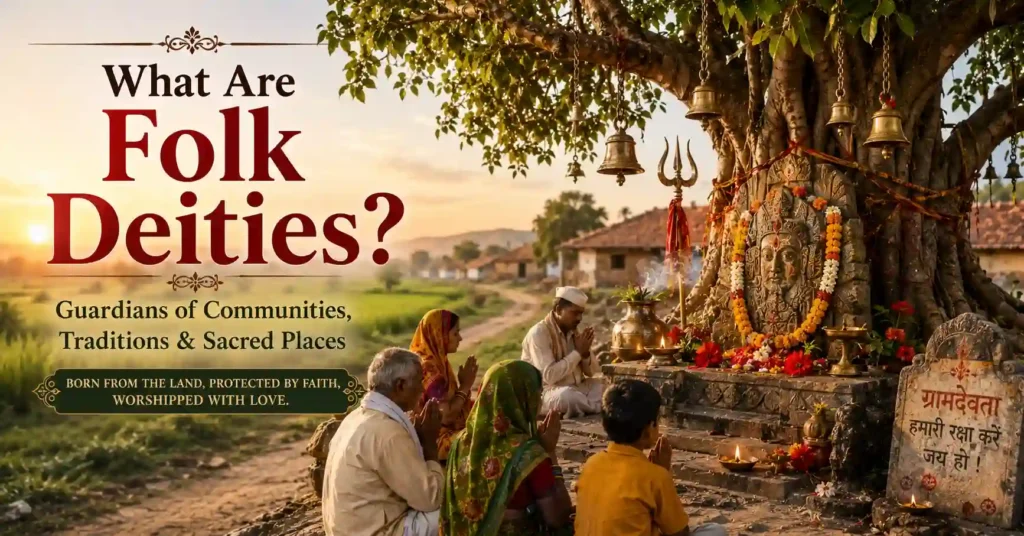 Village shrine beneath a sacred tree with devotees offering prayers, illustrating what Folk Deities of India are and their role as guardians of communities, traditions, and sacred places.