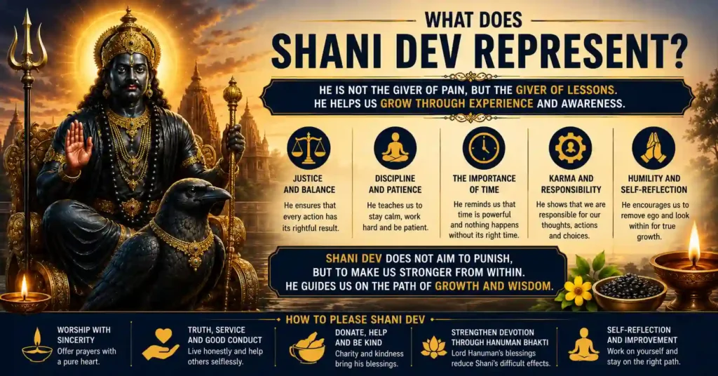 Infographic explaining what Lord Shani Dev represents including justice, discipline, time, karma, humility and self-reflection