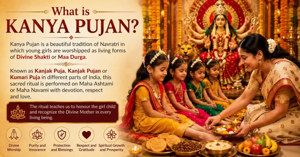 Infographic explaining what Kanya Pujan is, also known as Kanjak Puja or Kumari Puja, performed during Navratri.
