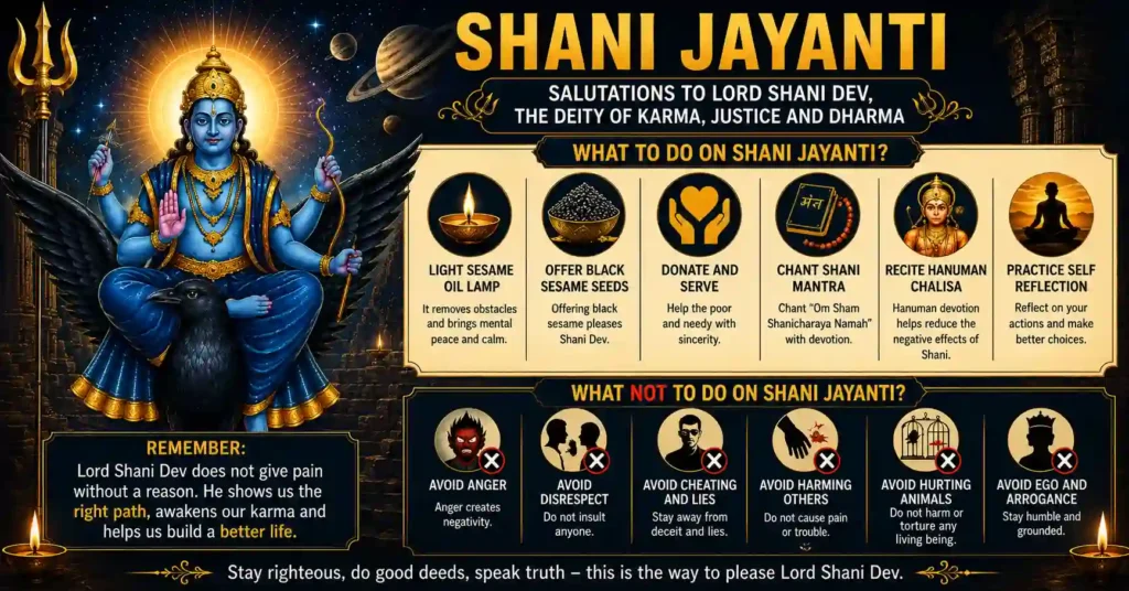 Shani Jayanti guide showing auspicious practices and actions to avoid for worshipping Lord Shani Dev