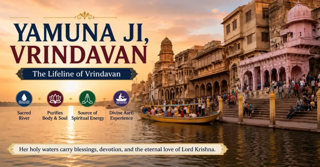 Yamuna Ji flowing beside the sacred ghats of Vrindavan, an eternal witness to Lord Krishna's divine pastimes.