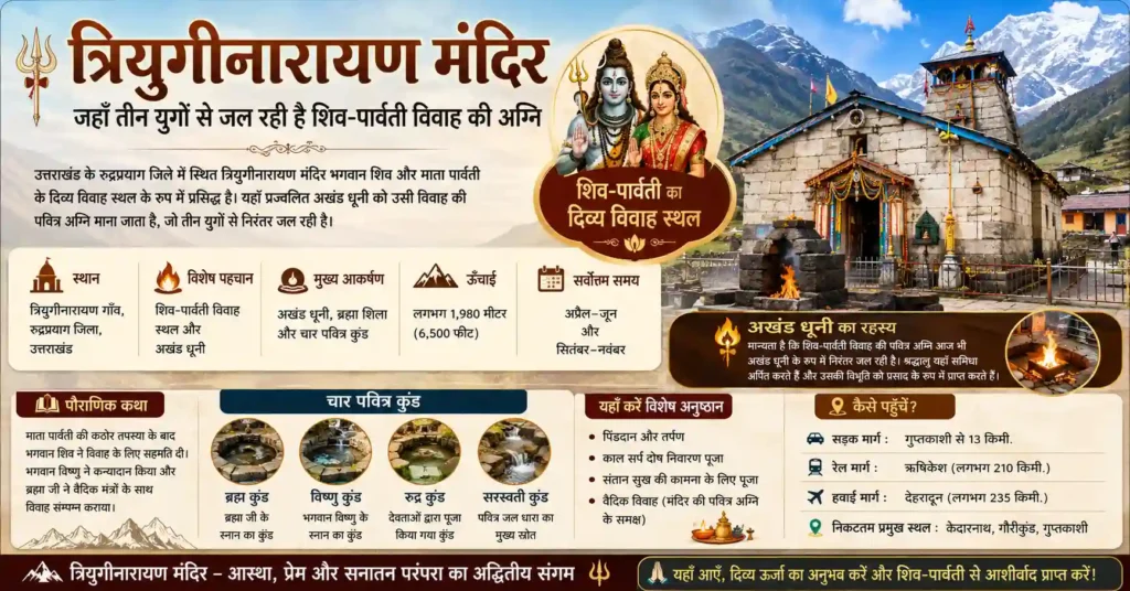त्रियुगीनारायण मंदिर का हिंदी इन्फोग्राफिक, जिसमें शिव-पार्वती विवाह स्थल, अखंड धूनी, चार पवित्र कुंड, प्रमुख विशेषताएँ, यात्रा जानकारी और धार्मिक महत्व दर्शाया गया है।