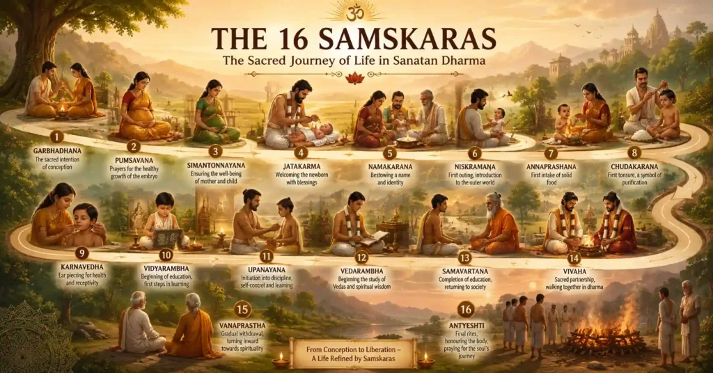 Illustration showing the 16 Samskaras in Sanatan Dharma as a sacred journey from conception to final rites