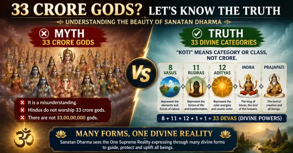 Myth vs truth infographic explaining that the 33 Devas represent divine categories, not 33 crore gods in Sanatan Dharma.