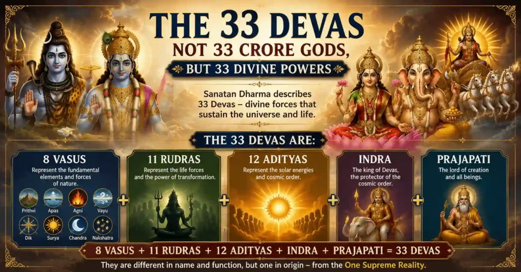 Infographic explaining the 33 Devas in Sanatan Dharma and the truth behind the 33 crore gods misconception.