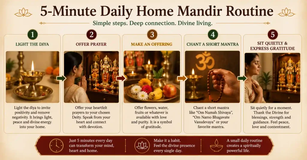 Five-minute daily home mandir routine with diya, prayer, offering, mantra and gratitude