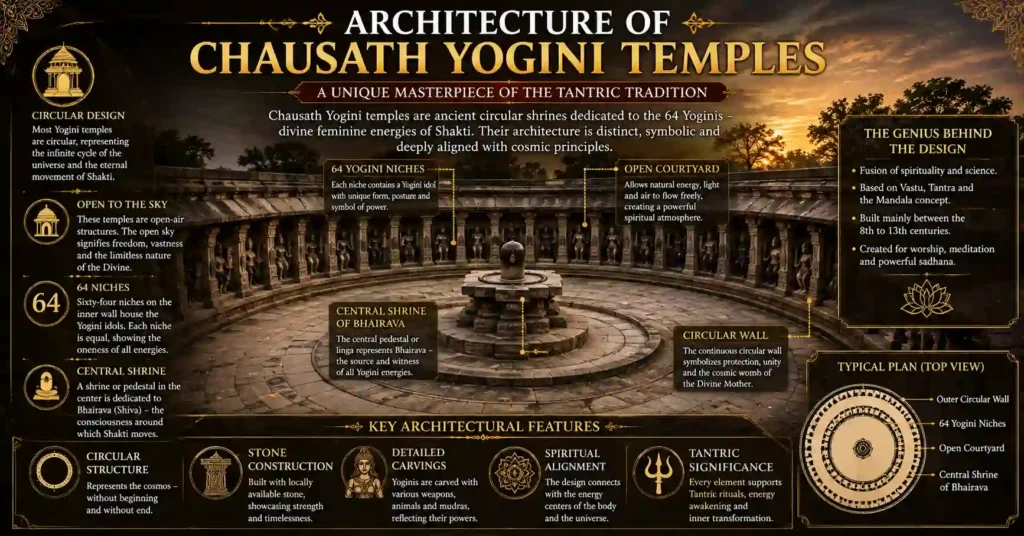 Architecture of a Chausath Yogini Temple showing the circular open-air design with 64 Yogini shrines surrounding the central sanctum