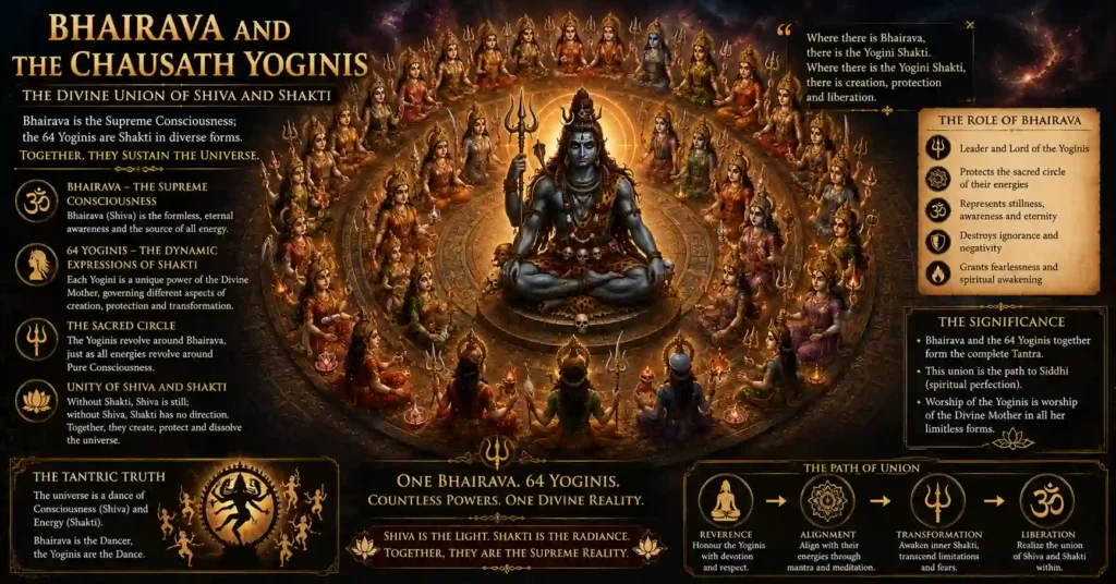 Bhairava surrounded by the Chausath Yoginis, symbolizing the sacred union of Shiva and Shakti in the Yogini tradition