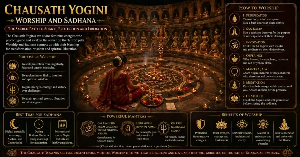 Devotee performing Chausath Yogini worship and sadhana before a sacred Yogini Mandala in an ancient temple