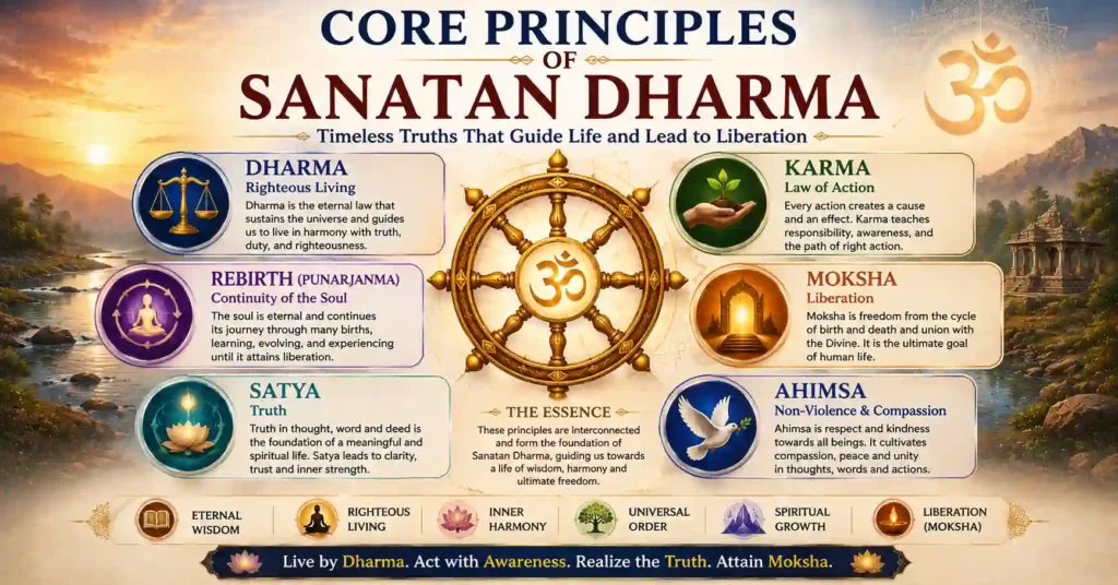 Dharma, Karma, Rebirth, Moksha, Satya, and Ahimsa arranged around a glowing Dharma Chakra with subtle Vedic motifs.
