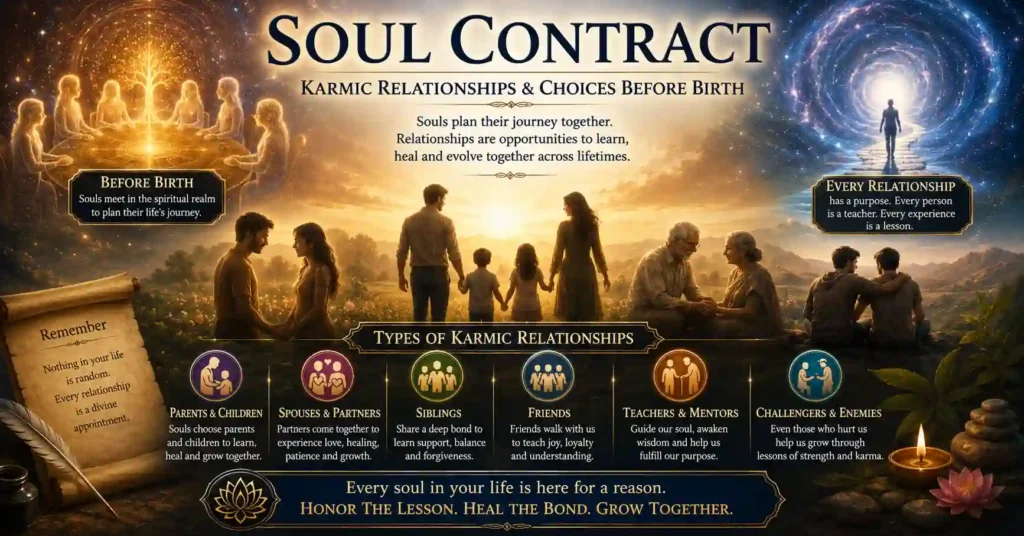 Soul contract and karmic relationships showing parents, spouse, siblings, friends and life lessons before birth