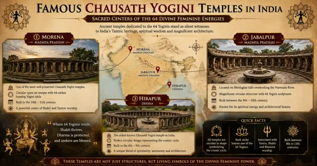 Map and illustrations of the famous Chausath Yogini Temples at Morena, Jabalpur and Hirapur in India