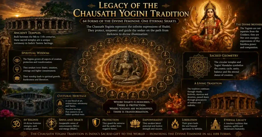 Collage depicting the legacy of the Chausath Yogini tradition with Yoginis, ancient temples, sacred geometry and the Divine Mother