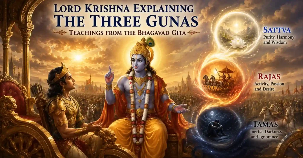 Lord Krishna explaining Sattva Rajas Tamas to Arjuna in the Bhagavad Gita