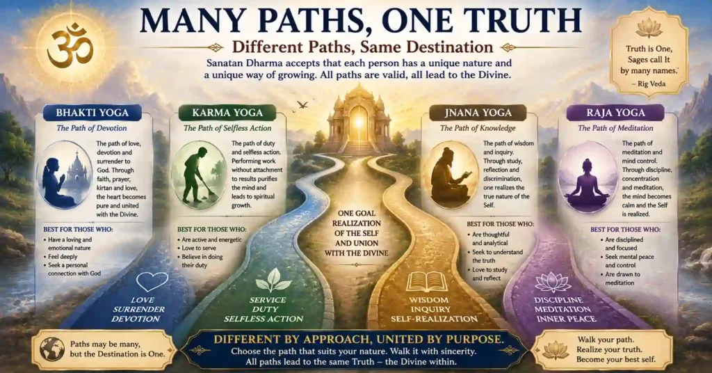 Four roads leading to one glowing temple, labelled Bhakti Yoga, Karma Yoga, Jnana Yoga, and Raja Yoga.