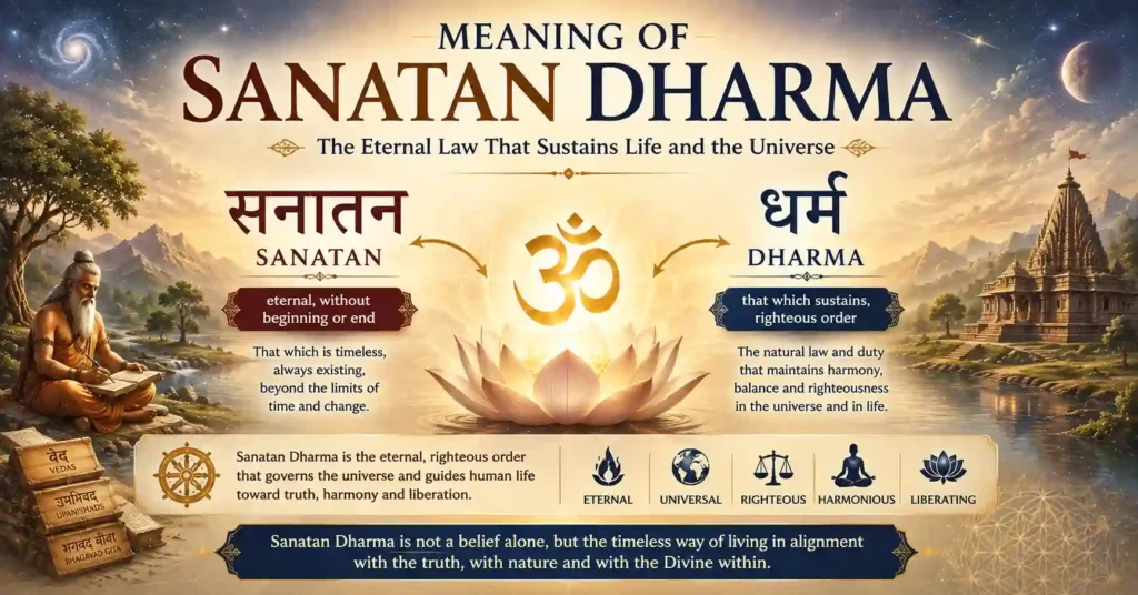 The Sanskrit words Sanatan (Eternal) and Dharma (Righteous Order) emerging from a glowing lotus with cosmic light in the background.
