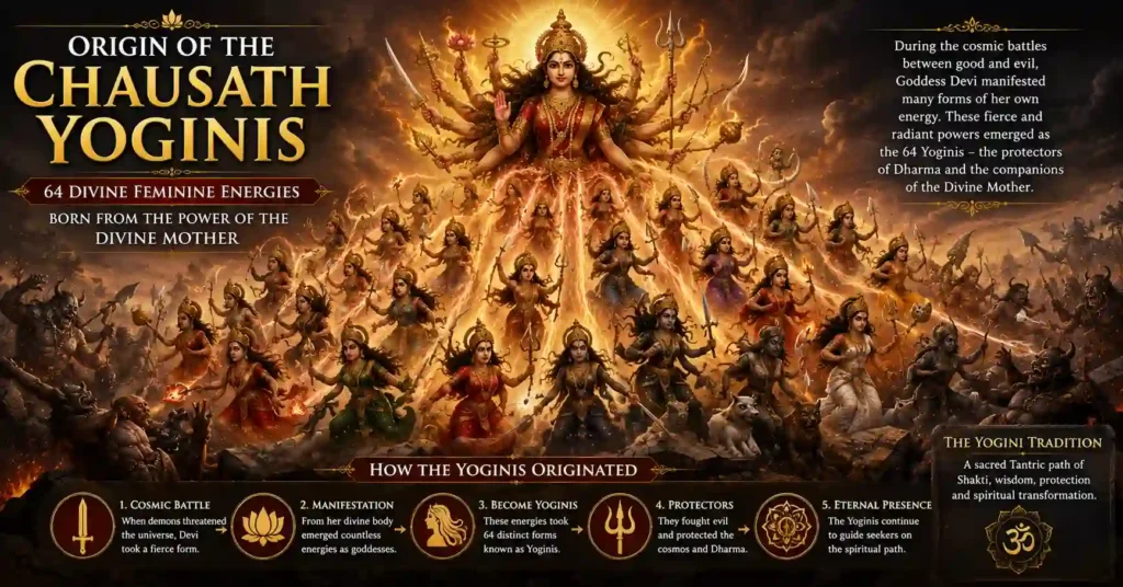 Depiction of the origin of the Chausath Yoginis emerging from the Divine Mother during the cosmic battle against evil