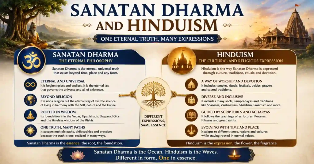 Split illustration showing "Sanatan Dharma" as the eternal philosophy and "Hinduism" as the broader cultural and civilizational identity, connected by a sacred thread.