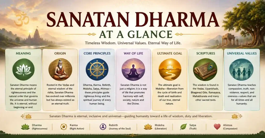 A clean infographic summarizing Meaning, Origin, Core Principles, Way of Life, Goal (Moksha), Scriptures, and Universal Values.