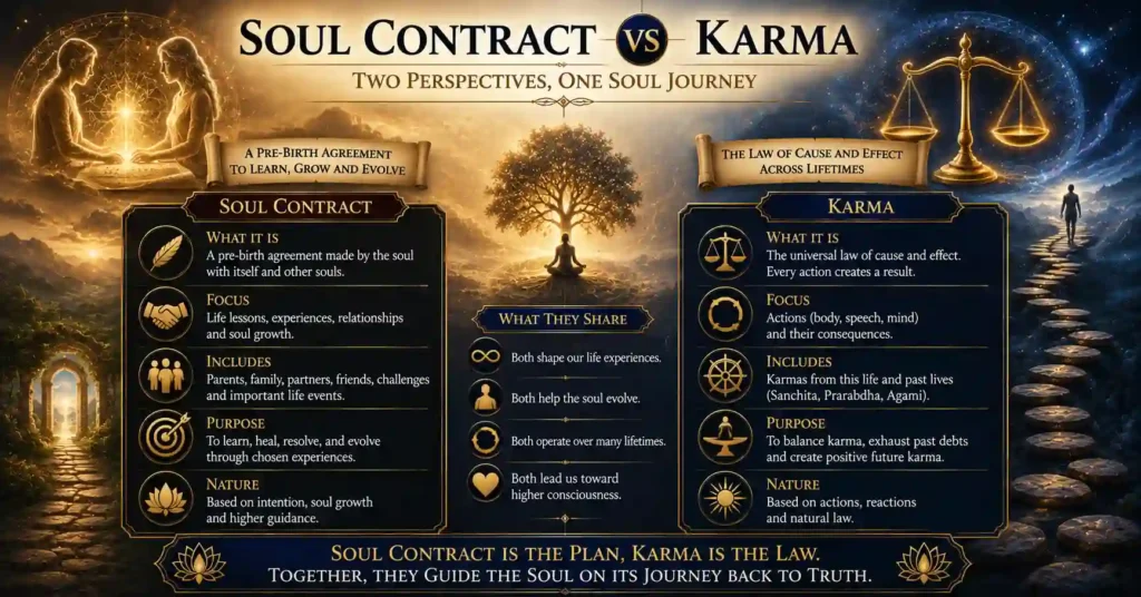 Soul contract vs karma comparison explaining pre birth agreements, karma, rebirth and spiritual growth