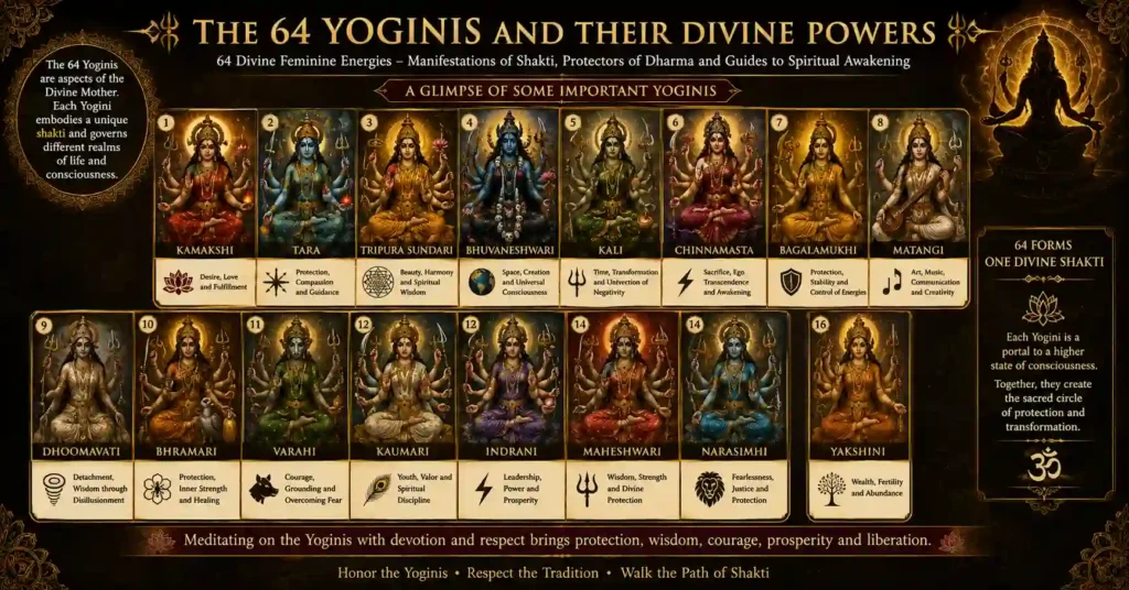 Infographic of the Chausath Yoginis highlighting their divine powers, symbolism and spiritual significance in the Yogini tradition