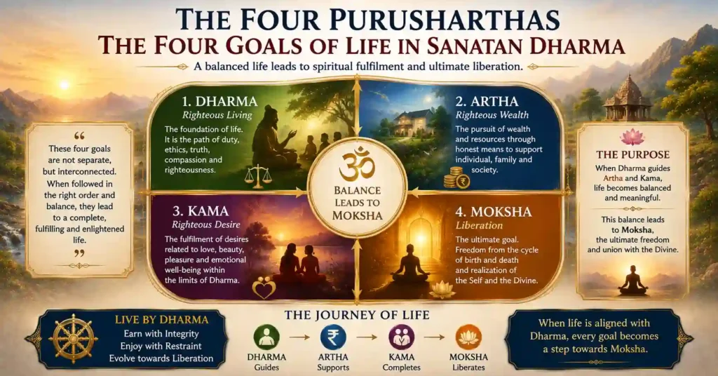 A balanced four-part wheel showing Dharma, Artha, Kama, and Moksha leading toward spiritual fulfilment.