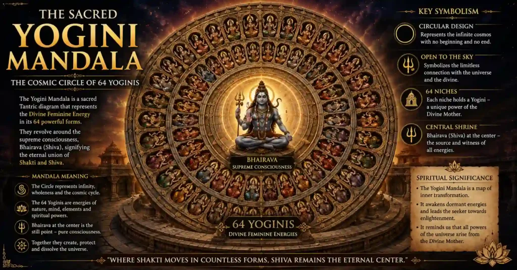 Sacred Yogini Mandala showing the Chausath Yoginis arranged around the central divine energy, symbolizing cosmic balance and Shakti