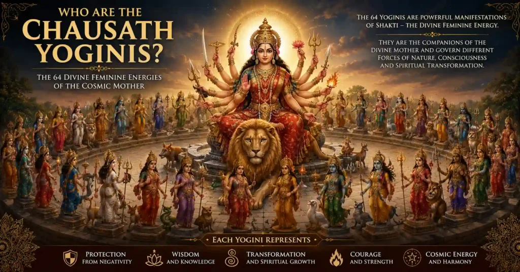 Illustration of the Chausath Yoginis surrounding the Divine Mother, representing the 64 divine feminine energies in Sanatan Dharma