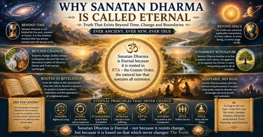 Cosmic cycles, the sun, moon, seasons, mountains, and flowing river representing timeless truth beyond changing ages.