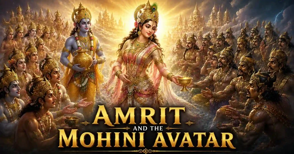 Lord Vishnu as Mohini distributing Amrit to the devas while Dhanvantari holds the nectar pot after Samudra Manthan