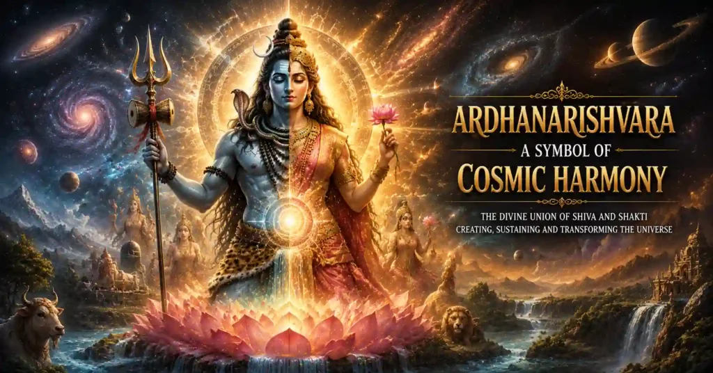 Ardhanarishvara radiating divine light across the universe symbolizing cosmic balance, creation, and spiritual unity