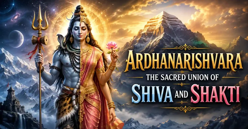 Ardhanarishvara, the divine half Shiva and half Parvati form, symbolizing the sacred union of Shiva and Shakti on Mount Kailash