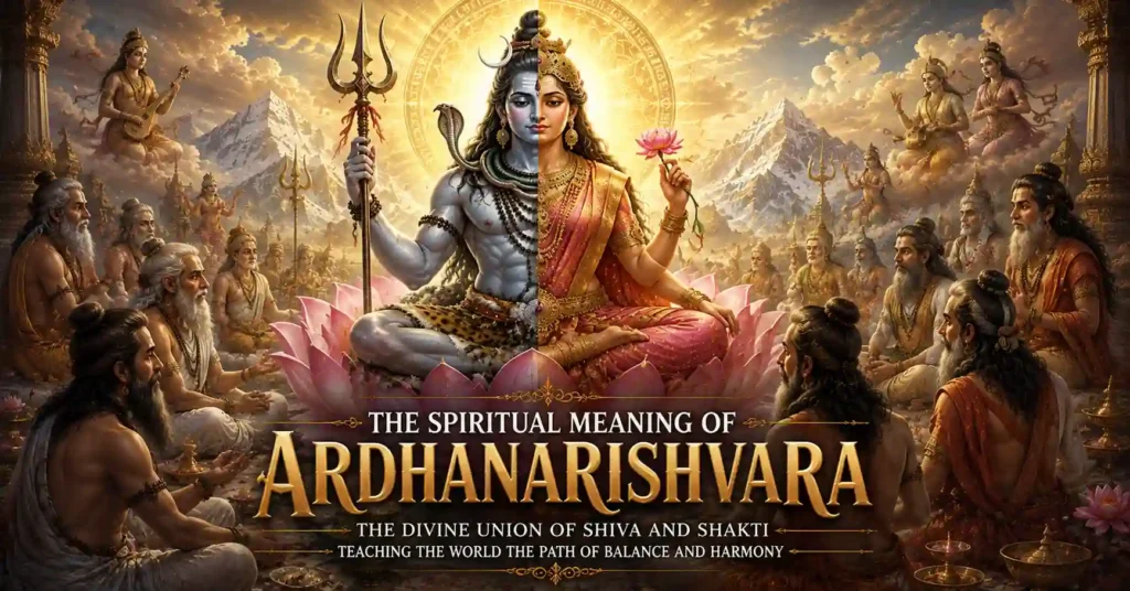 Ardhanarishvara seated on a lotus throne sharing spiritual wisdom with sages and celestial beings