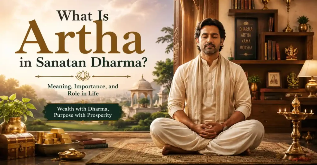 Prosperous householder meditating peacefully, symbolizing the harmony between wealth and spirituality in Sanatan Dharma