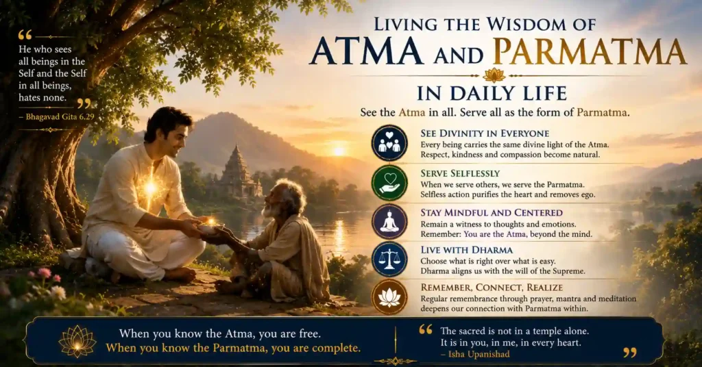 Illustration showing how the wisdom of Atma and Parmatma guides compassion, Dharma, and daily life