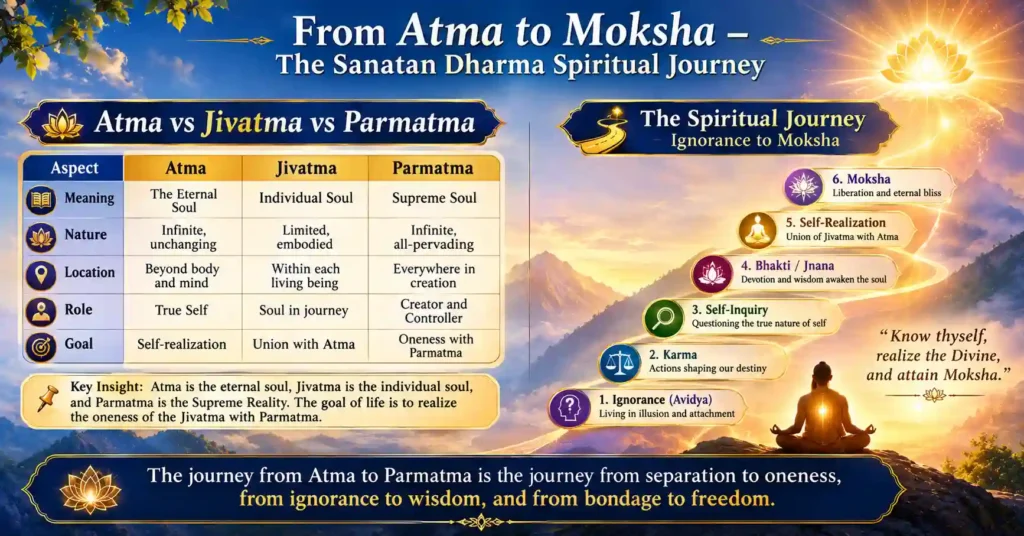 Infographic showing the spiritual journey from Atma to Moksha through self-realization in Sanatan Dharma