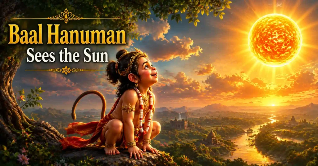 Baal Hanuman looking at the rising Sun with wonder and excitement in the famous Hanuman and the Sun Story