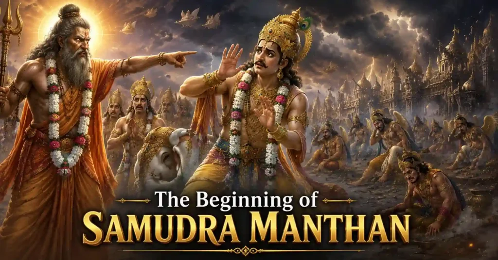 Sage Durvasa cursing Lord Indra as the devas lose their divine power in the beginning of the Samudra Manthan Story