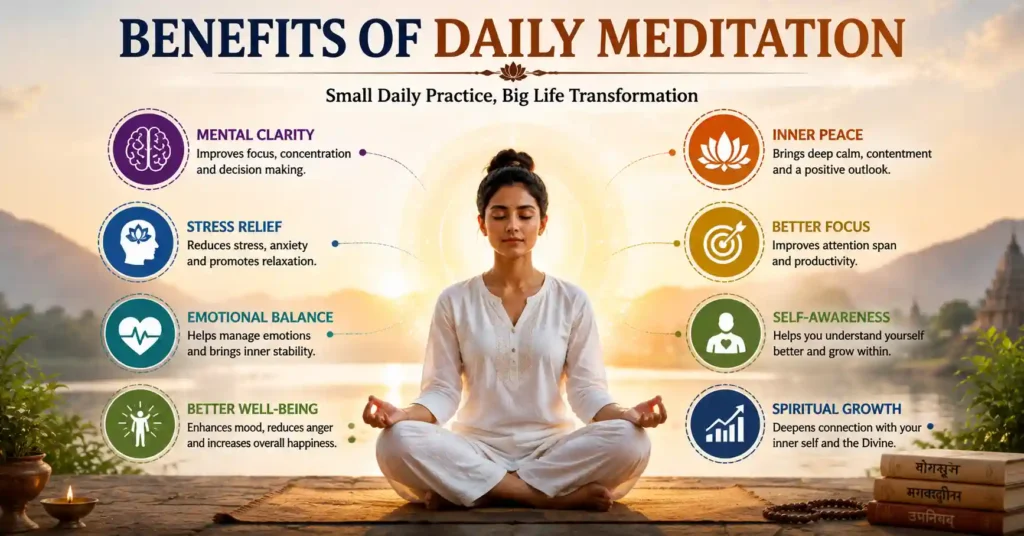 Benefits of daily meditation including inner peace, focus, emotional balance and self-awareness