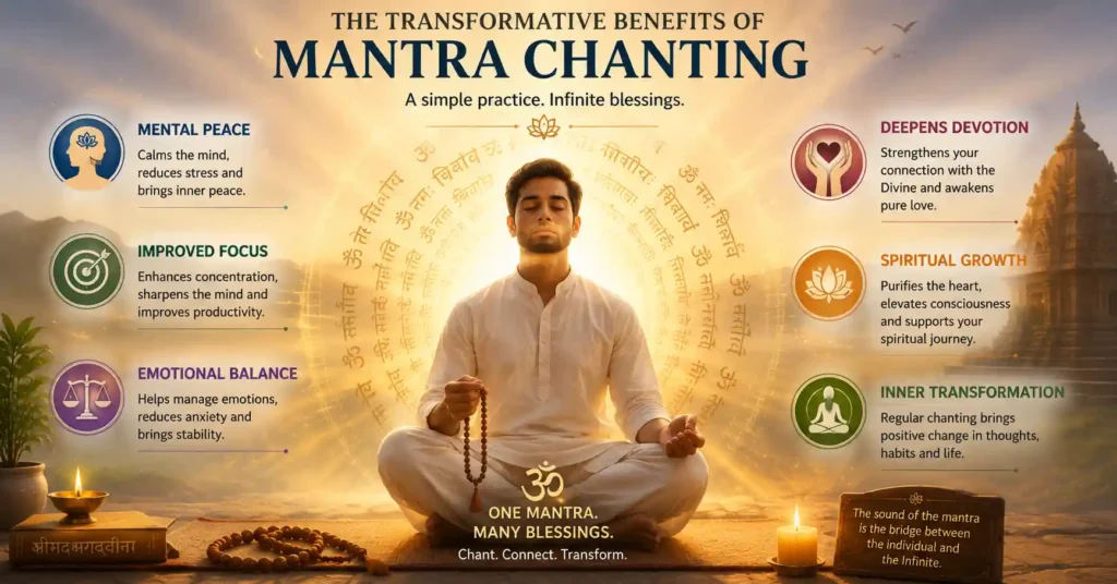 Mental peace, focus, devotion, emotional balance, and spiritual growth through regular mantra chanting