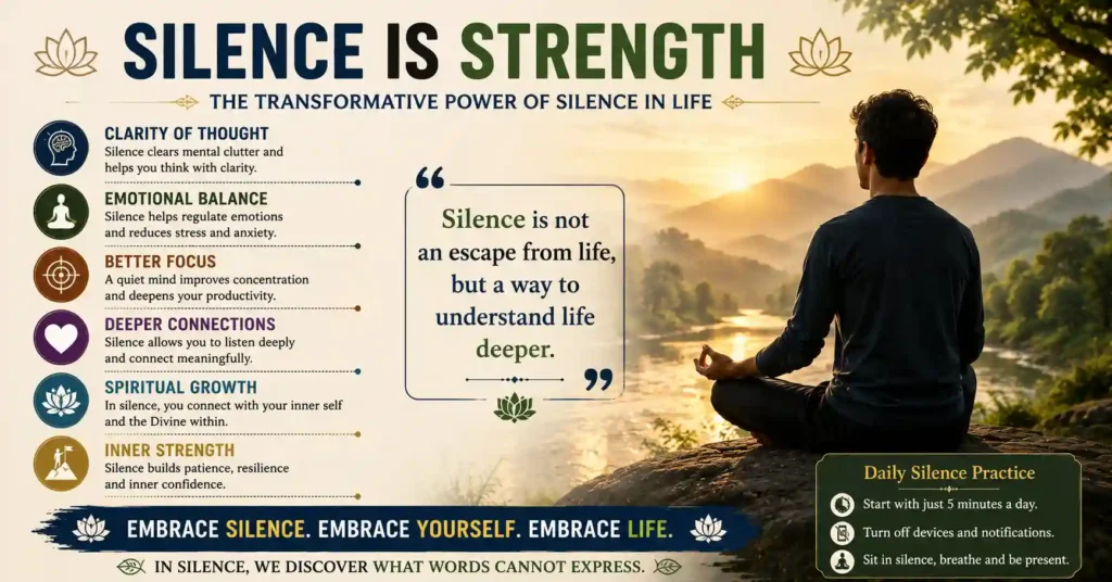 Infographic explaining the mental, emotional, and spiritual benefits of silence in daily life