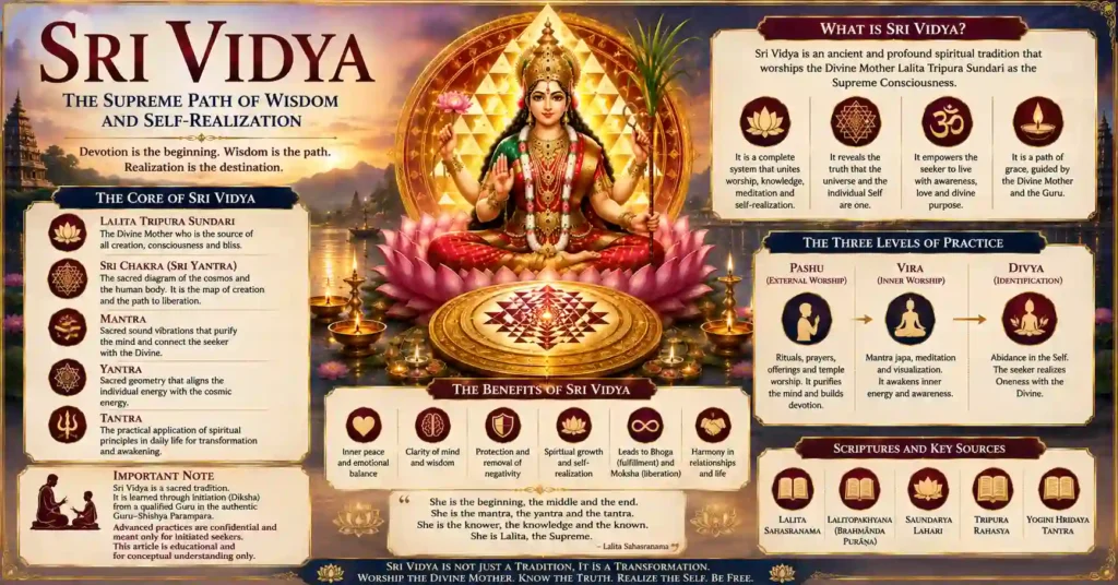 Benefits of Sri Vidya including spiritual wisdom, inner peace and liberation