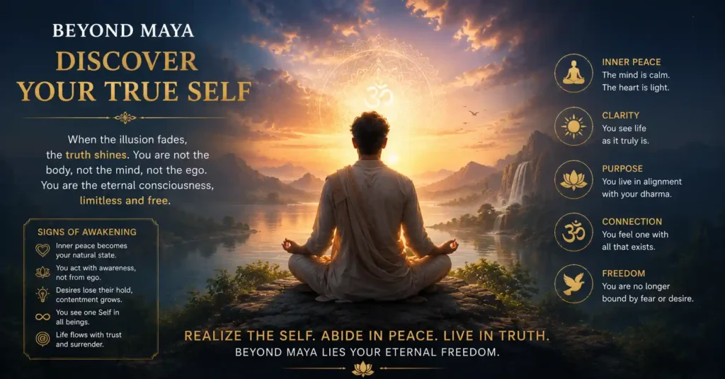 Calm meditator experiencing inner peace and spiritual awakening beyond Maya under a serene sky